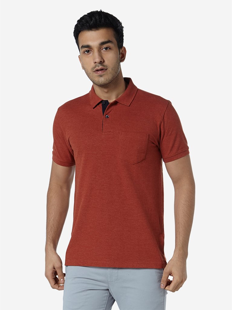 WES Casuals Rust Melange Slim Fit Polo T-Shirt