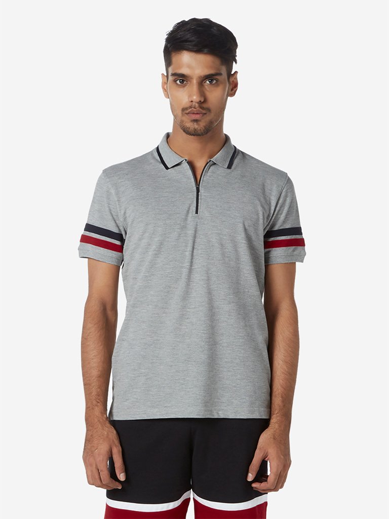 Studiofit Grey Melange Slim-Fit Polo T-Shirt