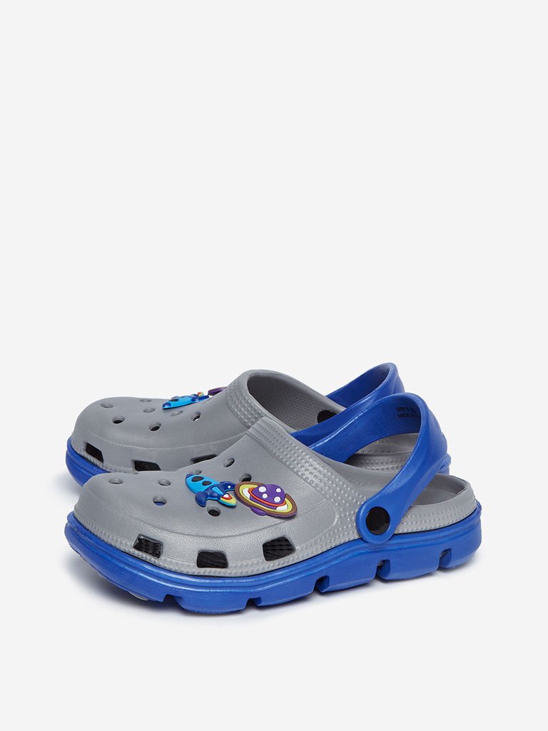 Yellow Kids Blue And Grey Space Design Clogs