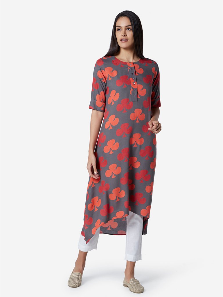 Utsa Grey Club Printed High-Low Kurta