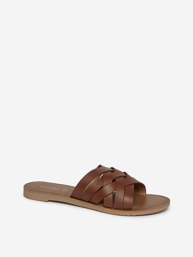LUNA BLU Brown Cross Strap Slides