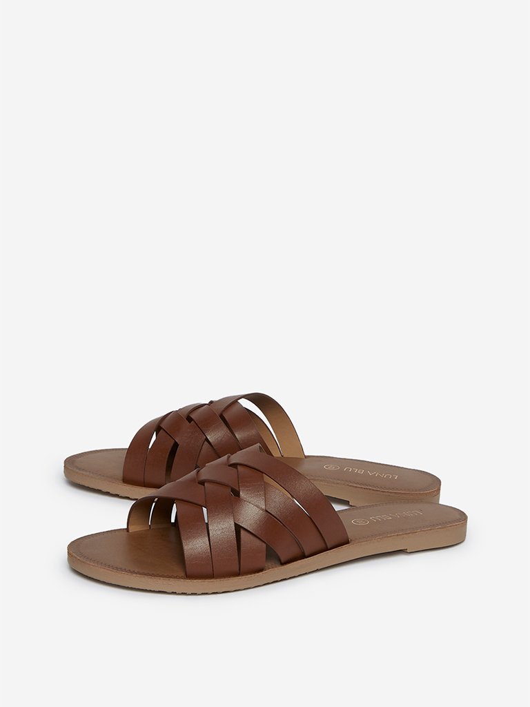 LUNA BLU Brown Cross Strap Slides
