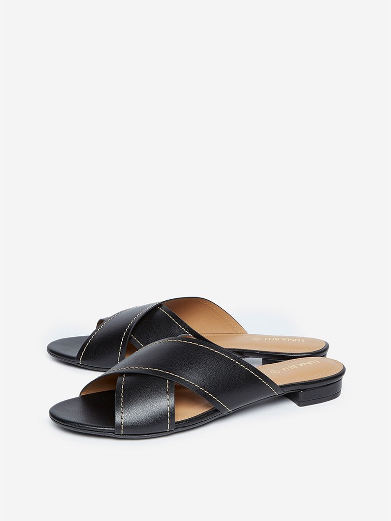 LUNA BLU Black Cross-Strap Mules