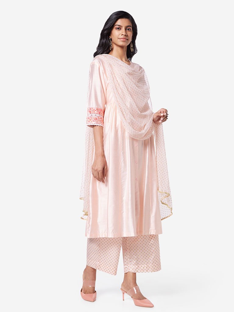 Vark Peach Dotted Dupatta, Palazzos And Kurta Set