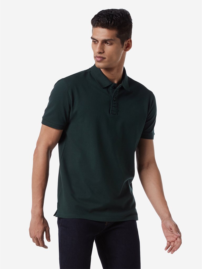 WES Casuals Dark Green Slim Fit Polo T-Shirt