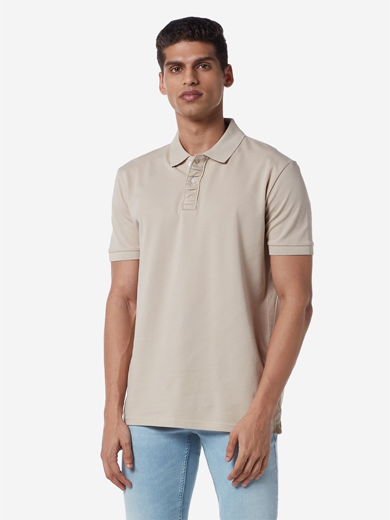 WES Casuals Beige Slim Fit Polo T-Shirt