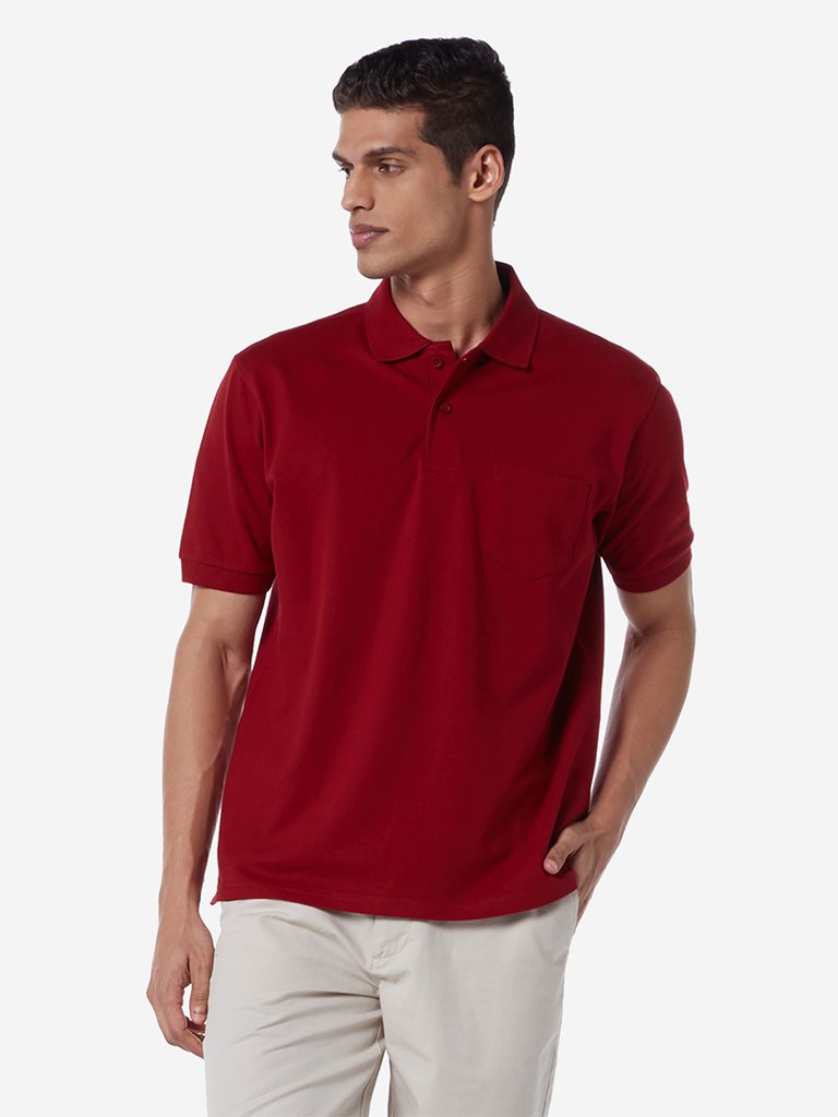 WES Casuals Red Relaxed Fit Polo T-Shirt