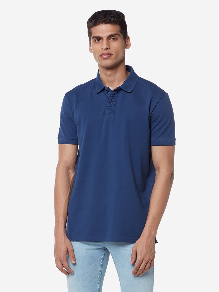 WES Casuals Dark Blue Slim Fit Polo T-Shirt