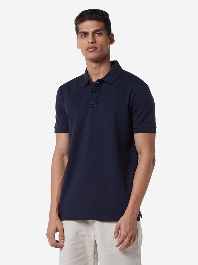 WES Casuals Navy Slim Fit Polo T-Shirt