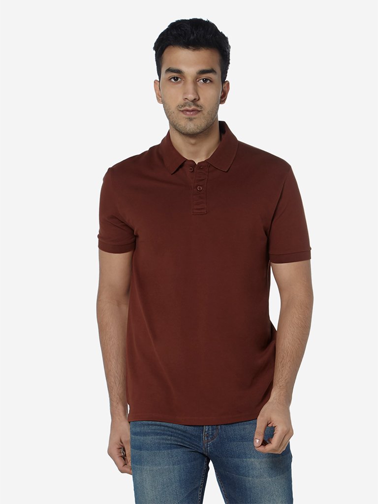 WES Casuals Brown Slim Fit Polo T-Shirt