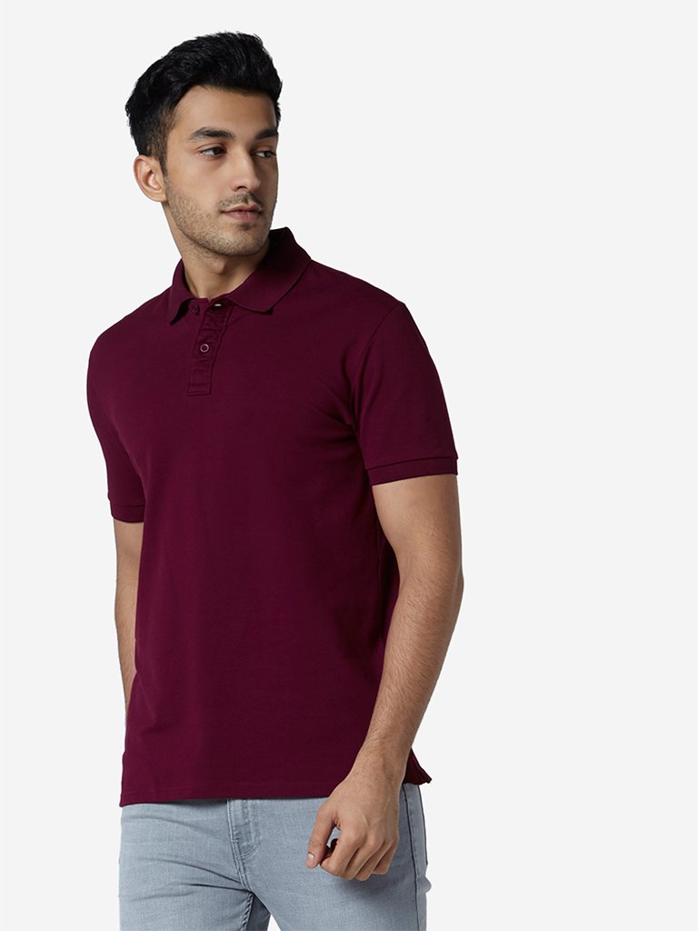 WES Casuals Burgundy Slim Fit Polo T-Shirt
