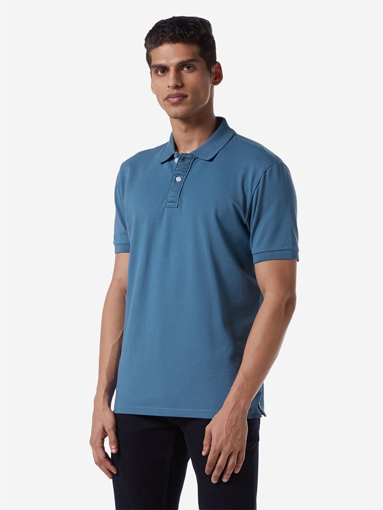 WES Casuals Blue Slim Fit Polo T-Shirt