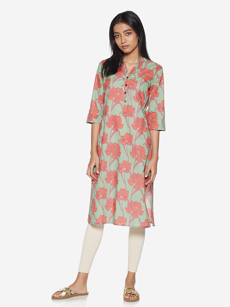 Utsa Coral Floral Print Straight Kurta