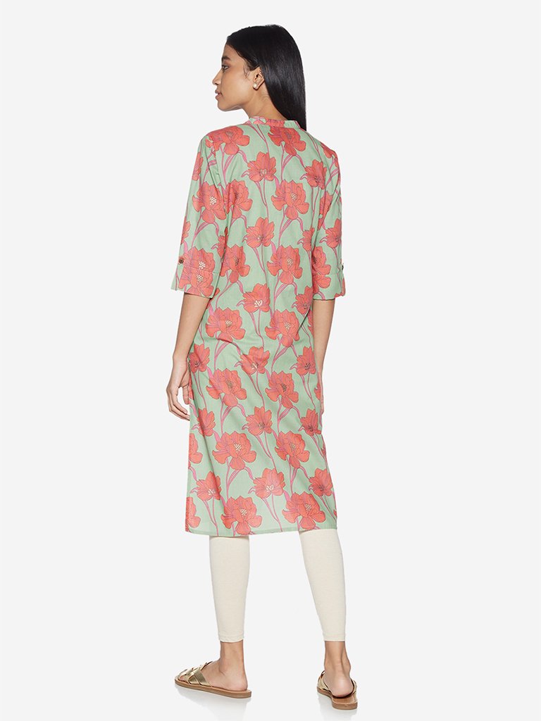 Utsa Coral Floral Print Straight Kurta