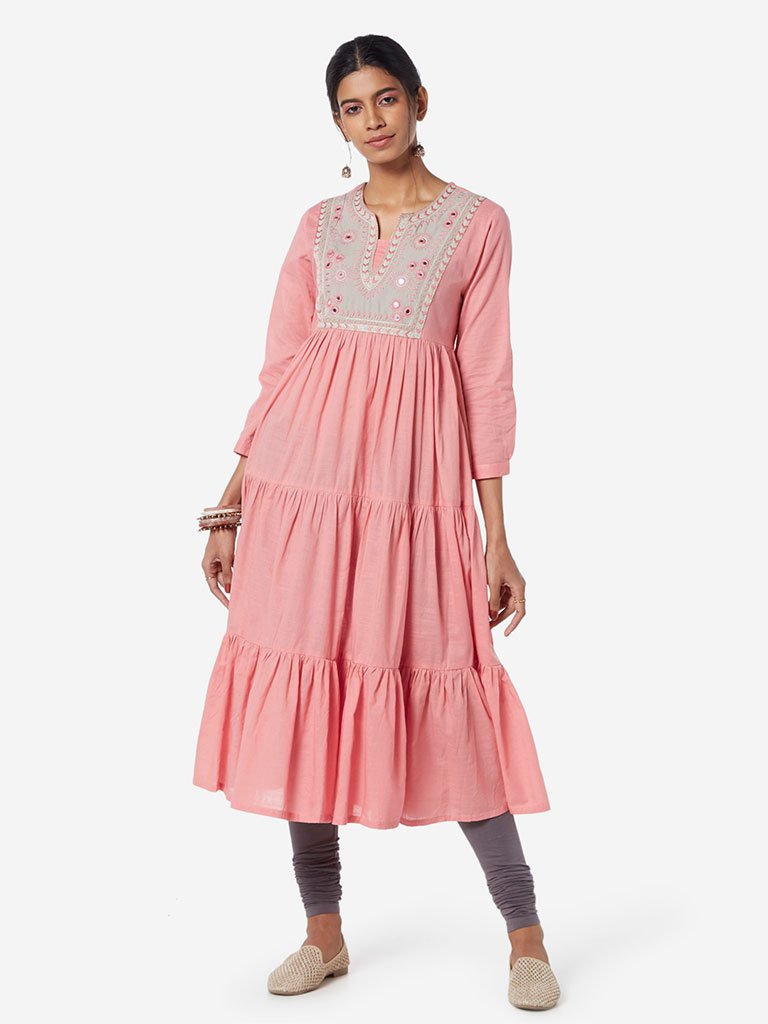 Utsa Blush Pink Embroidered Tiered Kurta
