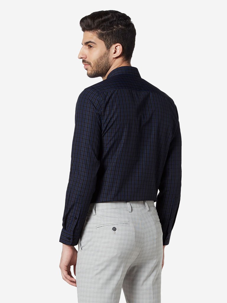 WES Formals Navy Checked Slim Fit Shirt