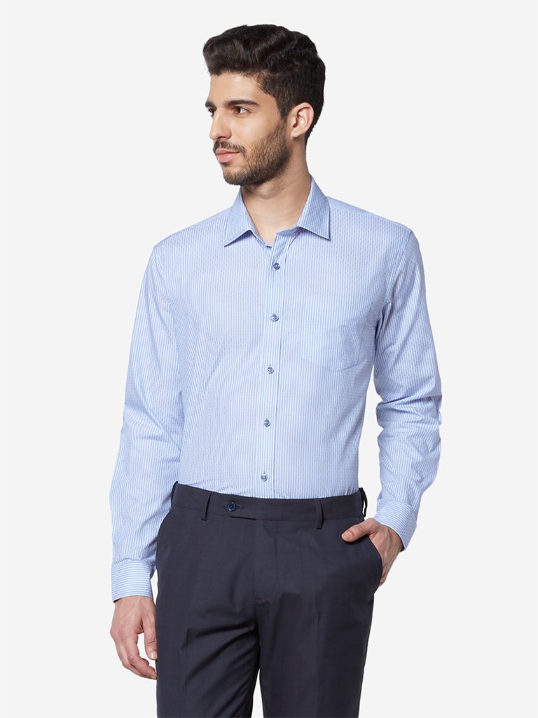 WES Formals Blue Relaxed Fit Striped Shirt