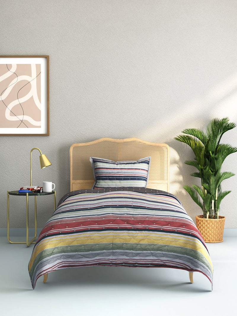 Westside Home Multicolour Striped Quilted Single Bedcover With Pillowcase