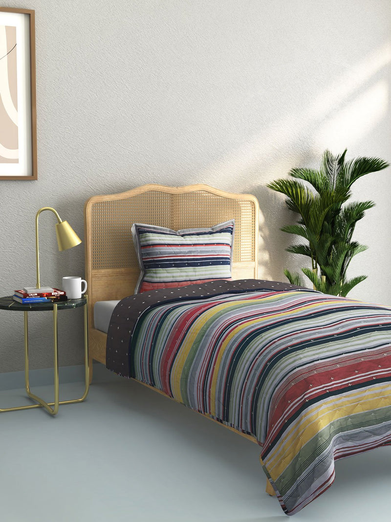Westside Home Multicolour Striped Quilted Single Bedcover With Pillowcase