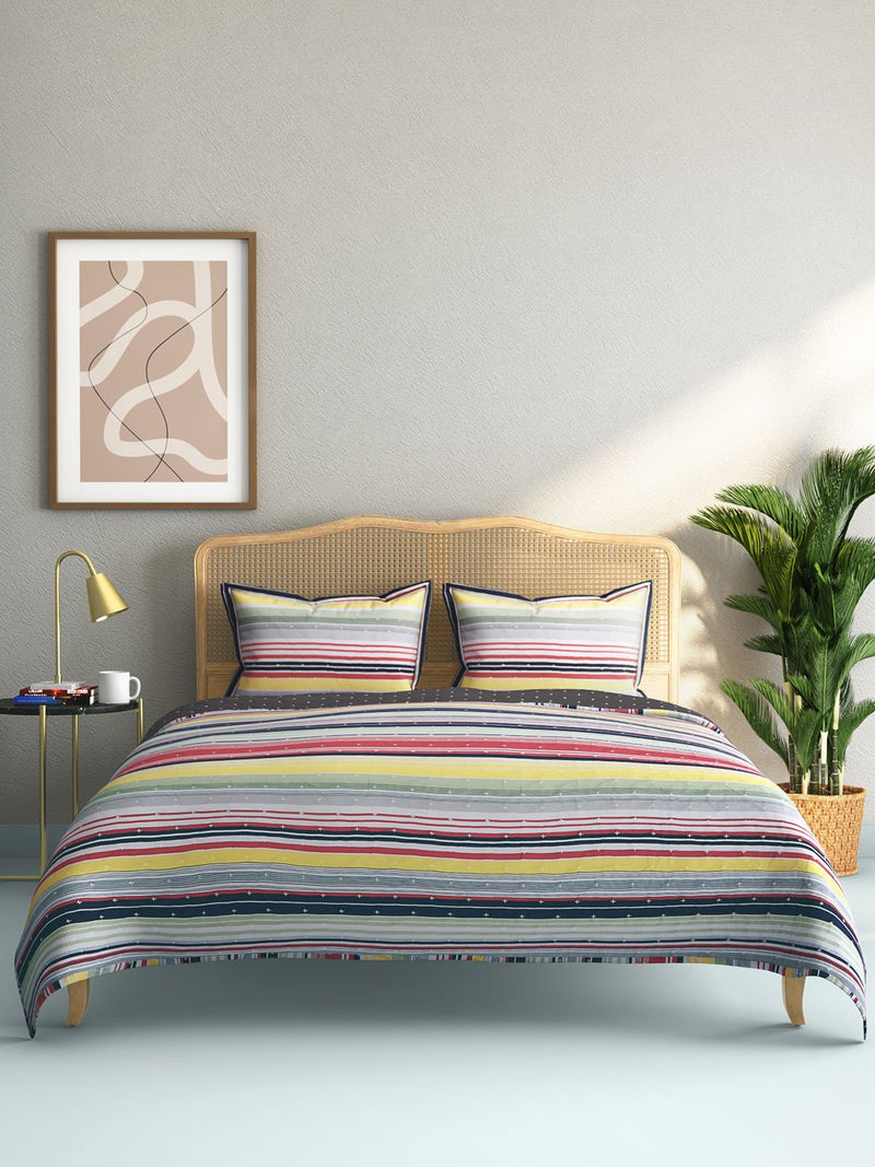 Westside Home Multicolour Striped Quilted Double Bedcover With Pillowcases