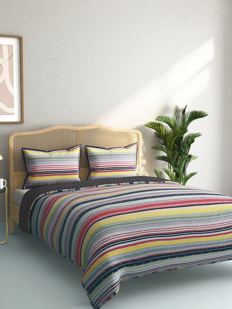 Westside Home Multicolour Striped Quilted Double Bedcover With Pillowcases