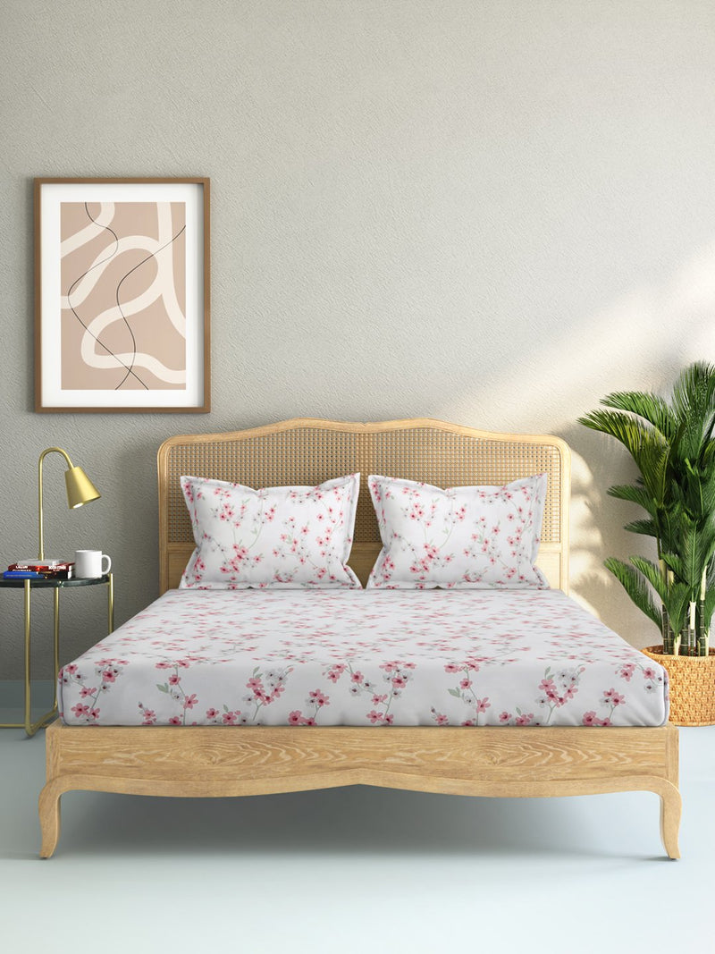 Westside Home White Floral 144 Thread Count Double Bedsheet With Two Pillowcases