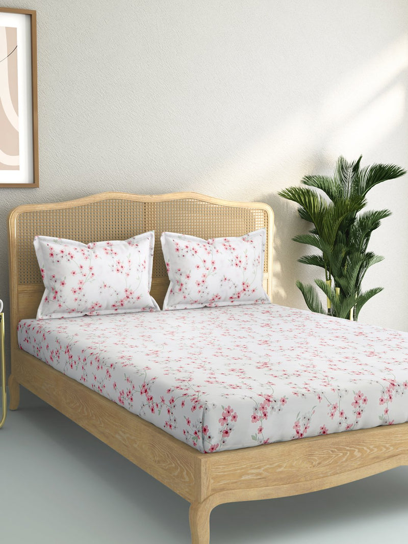 Westside Home White Floral 144 Thread Count King Bedsheet With Two Pillowcases