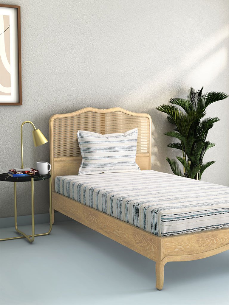 Westside Home Blue Geometrical Design Cotton Rich Single Bedsheet With One Pillowcase Set