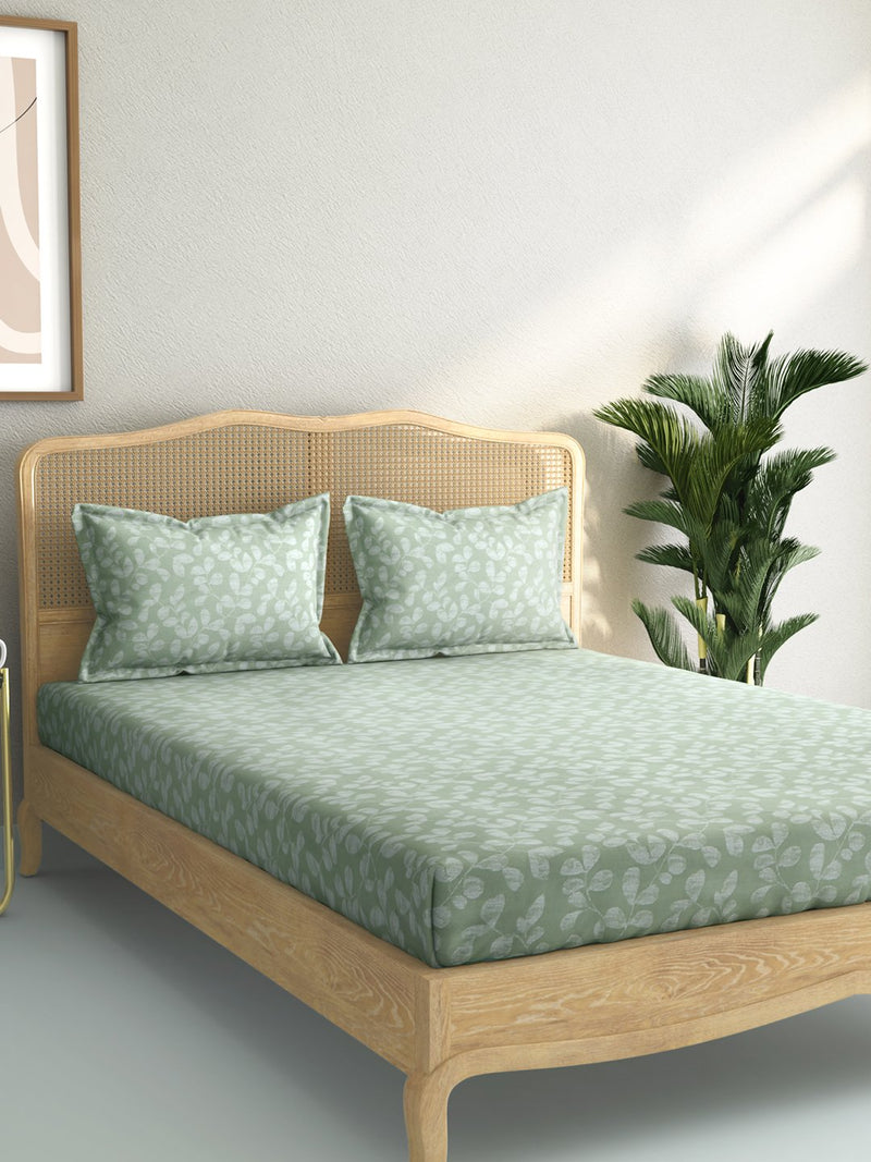 Westside Home Sage Green Leaf Print 144 Thread Count Double Bedsheet With Two Pillowcases