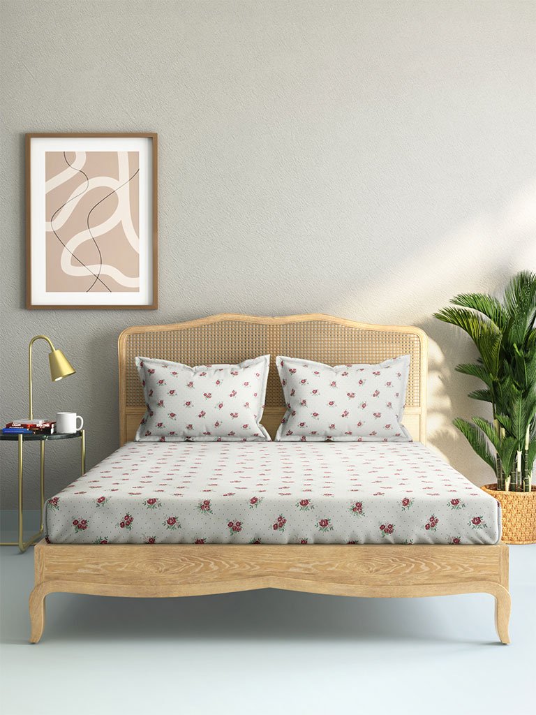 Westside Home Pink Rose Print Cotton Rich Double Bedsheet With Two Pillowcases Set