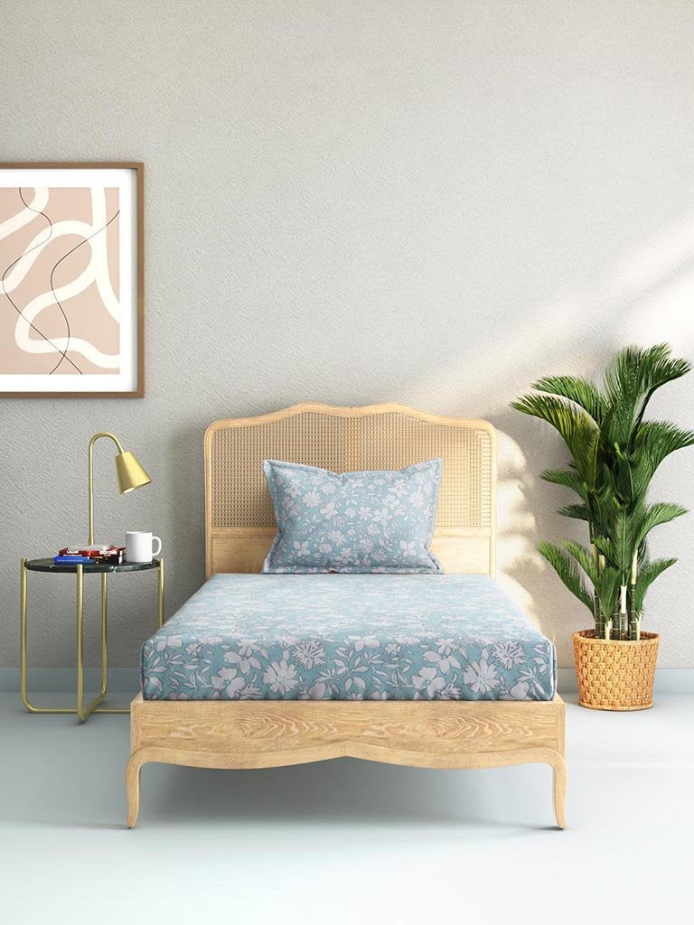 Westside Home Light Blue Floral Single Bedsheet with One Pillowcase