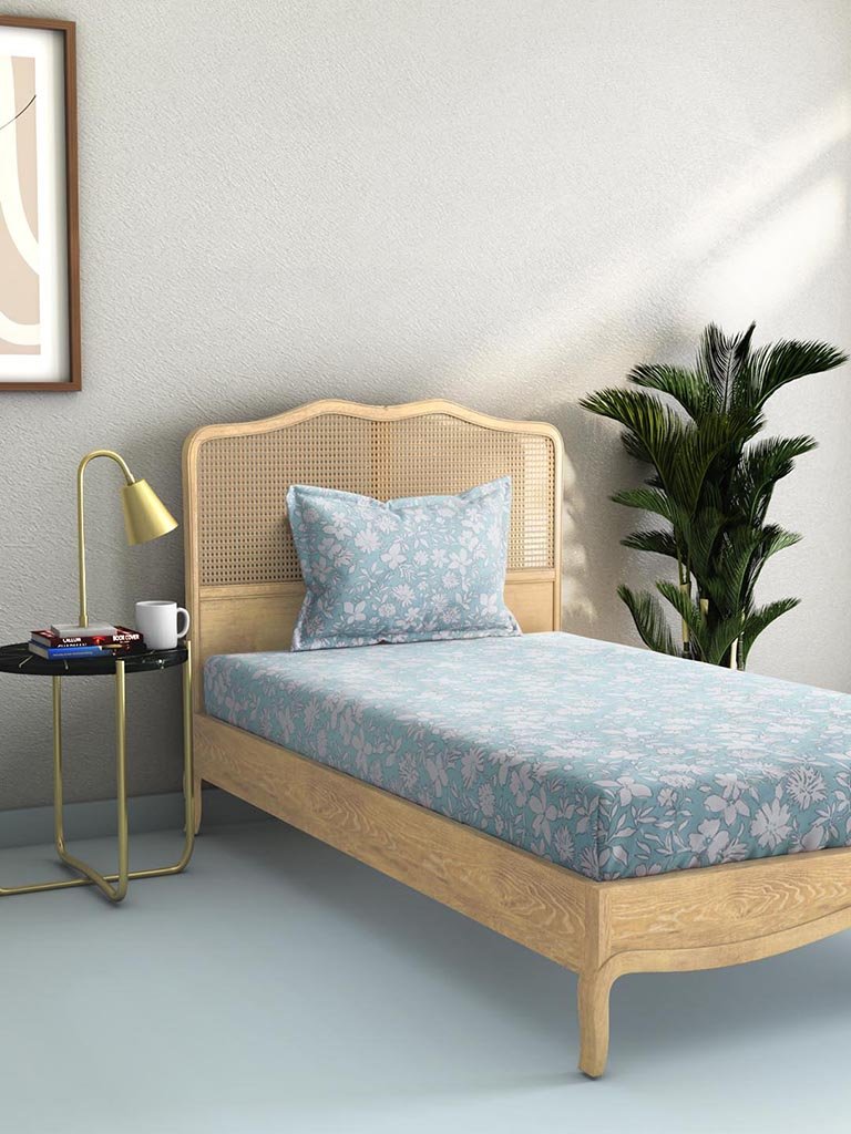 Westside Home Light Blue Floral Single Bedsheet with One Pillowcase