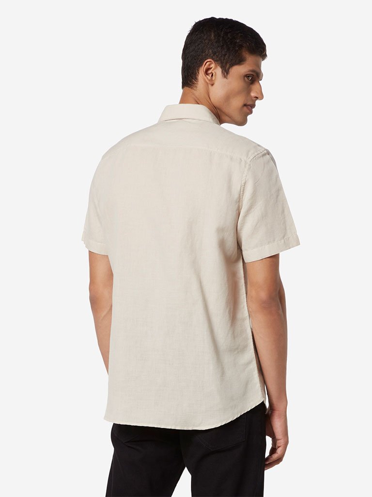 WES Casuals Beige Cotton Linen Slim Fit Shirt