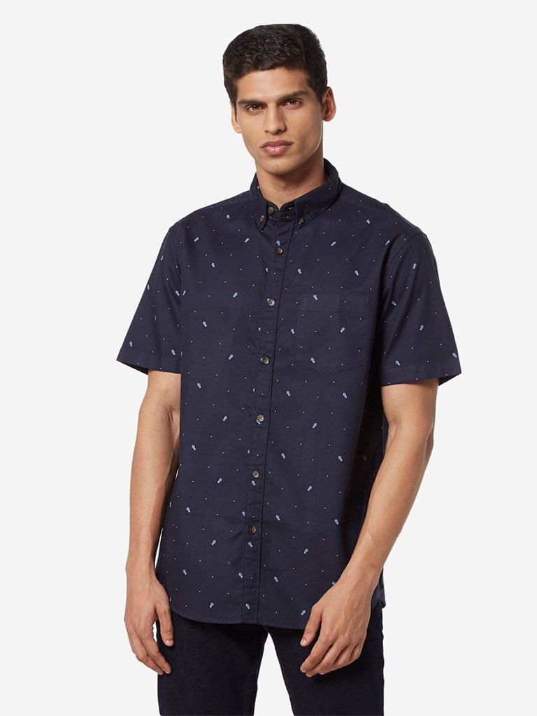 WES Casuals Navy Printed Relaxed Fit Shirt
