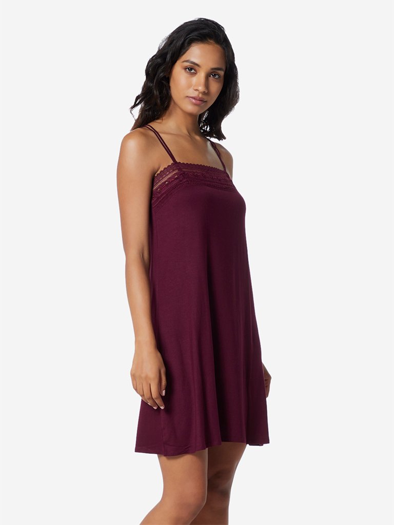Wunderlove Aubergine Lace-Detailed Chemise
