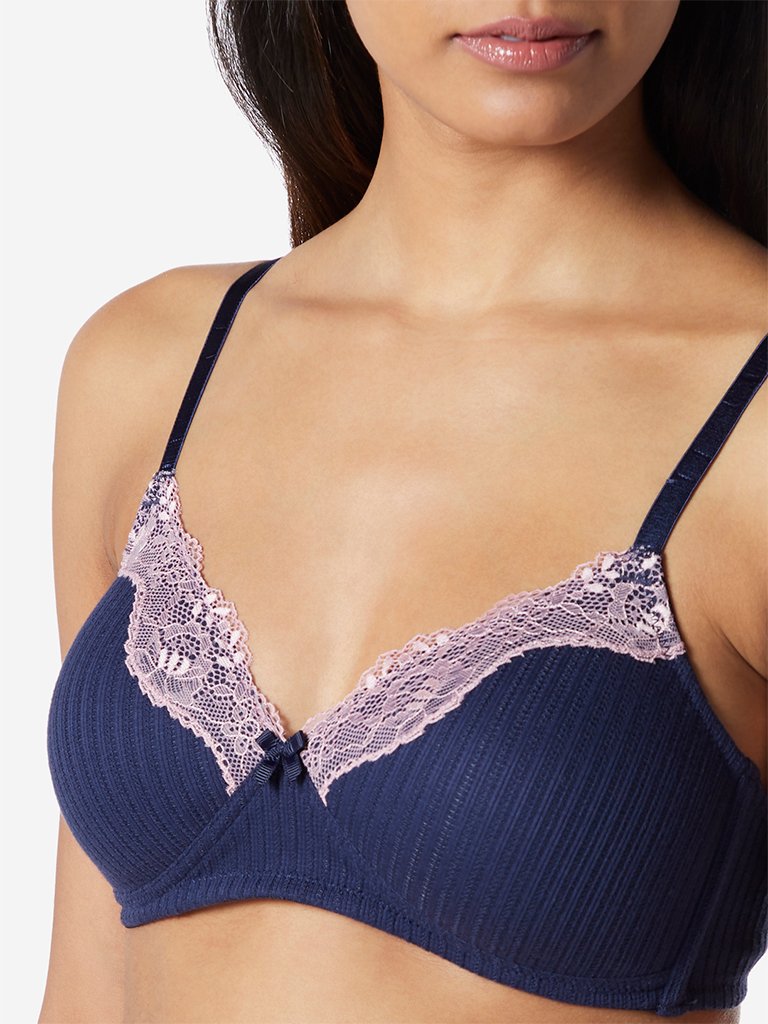 Wunderlove Navy Lace Detailed Ribbed Bra
