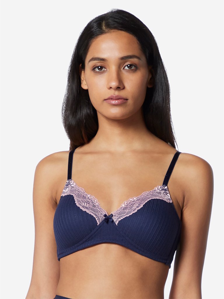Wunderlove Navy Lace Detailed Ribbed Bra