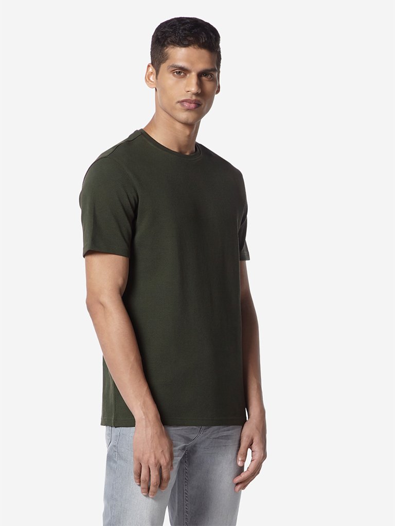Ascot Olive Self-Textured Slim Fit T-Shirt