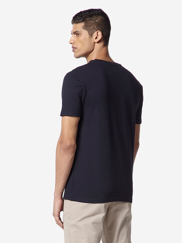 Ascot Navy Textured Slim Fit Crewneck T-Shirt
