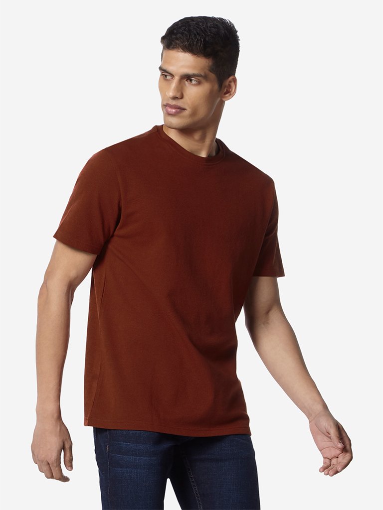 Ascot Rust Self-Textured Slim Fit T-Shirt