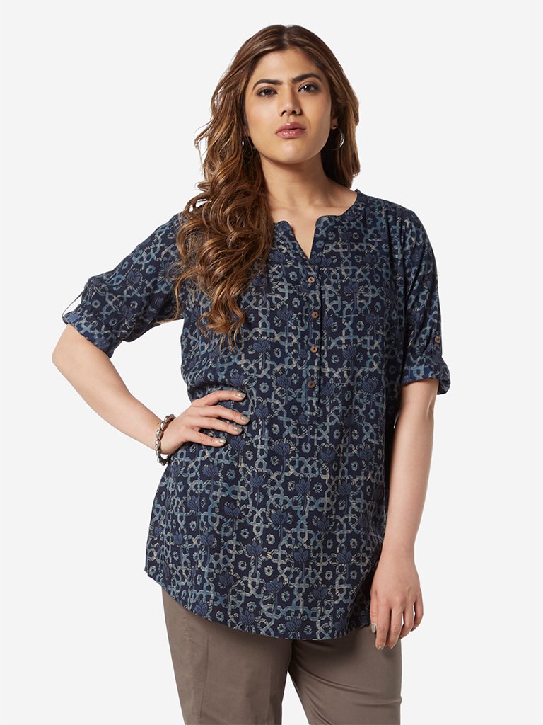 Diza Curve Indigo Floral Printed Ethnic Top
