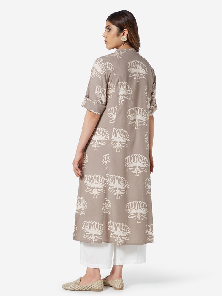 Diza Curve Grey Lotus Print A-Line Kurta