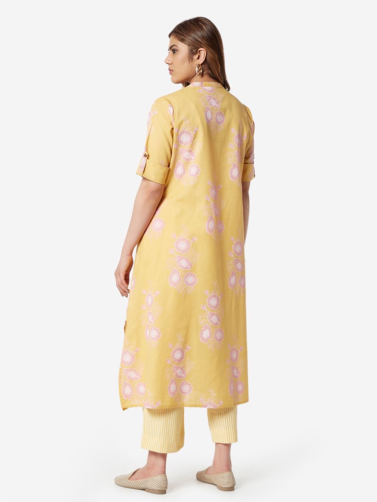 Diza Curve Yellow Floral Patterned A-Line Kurta
