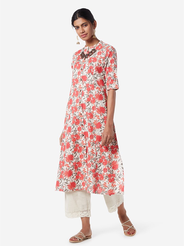 Utsa Coral And Off White Floral A-line Kurta