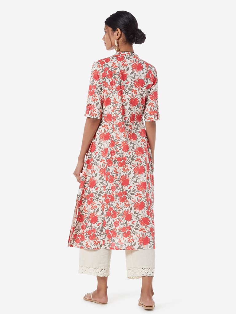 Utsa Coral And Off White Floral A-line Kurta