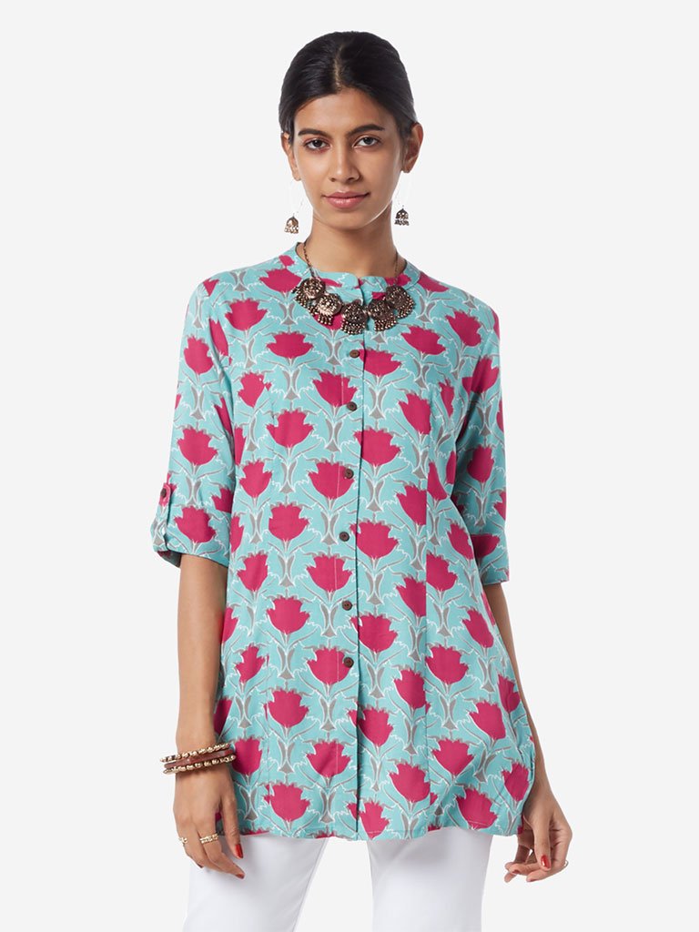 Utsa Turquoise Floral A-line Ethnic Top