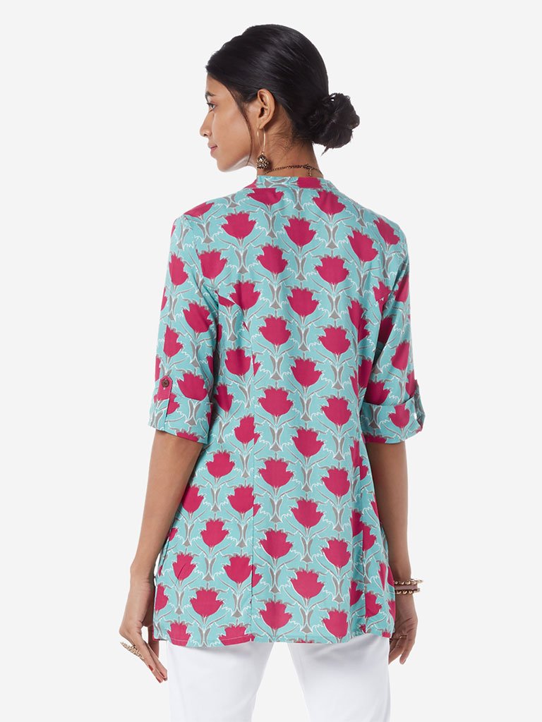 Utsa Turquoise Floral A-line Ethnic Top