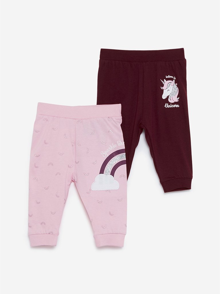 Baby HOP Burgundy Printed Joggers Set Of Two