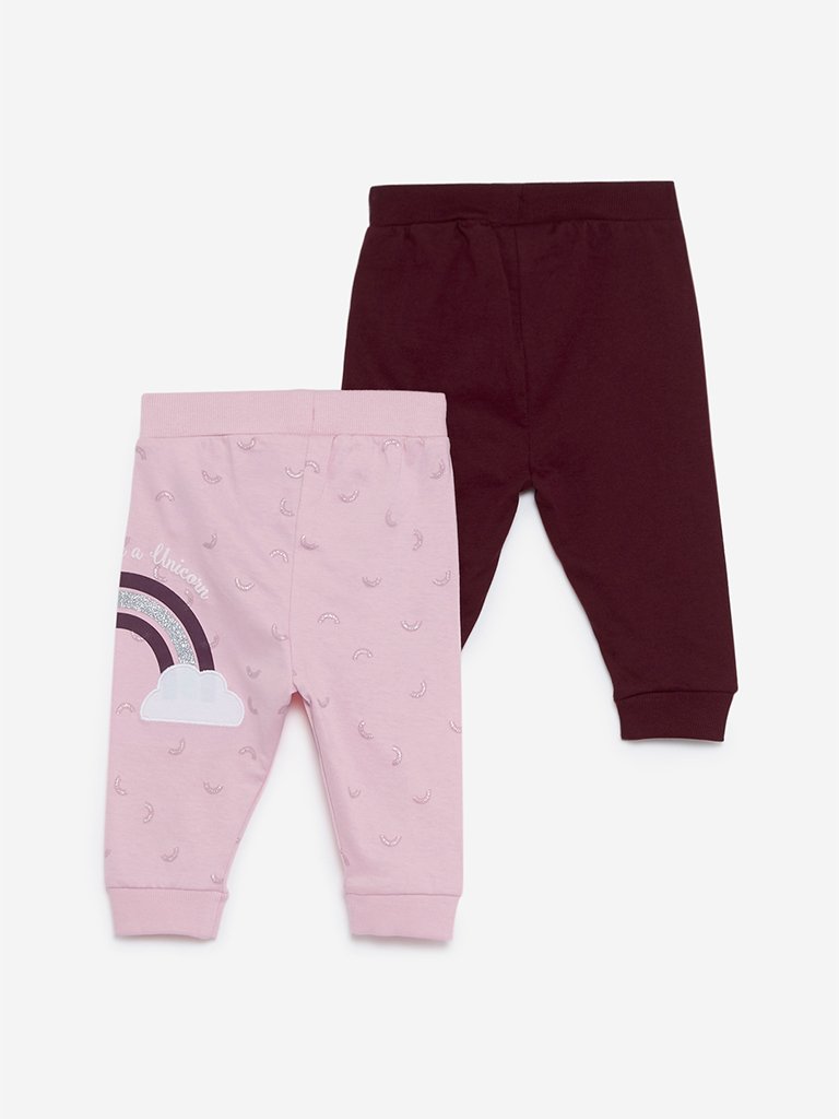 Baby HOP Burgundy Printed Joggers Set Of Two