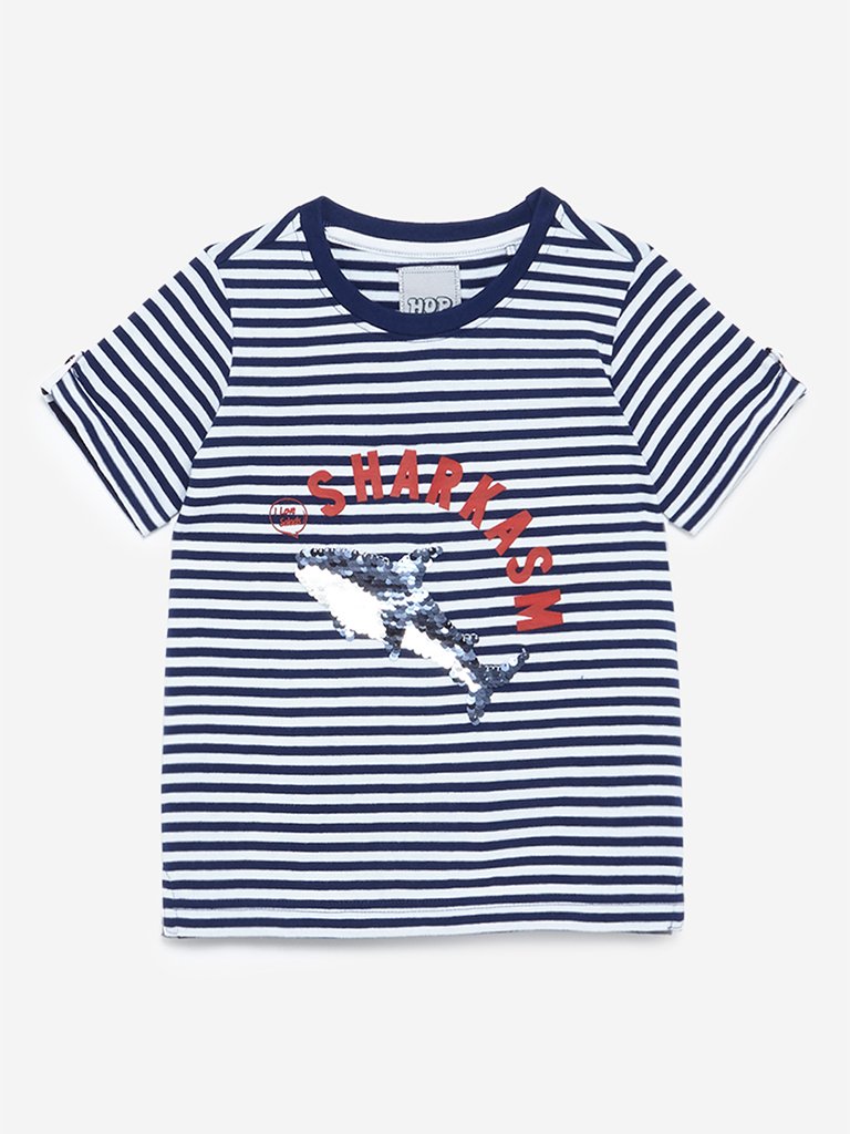 HOP Kids White Striped Print T-Shirt